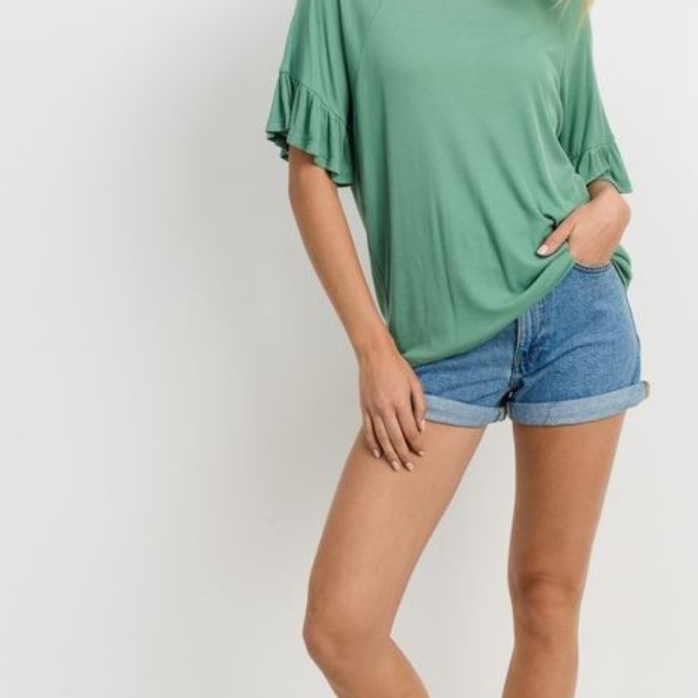 Ruffle Short Sleeves Raglan Ribbed Top - Picture 2 of 7